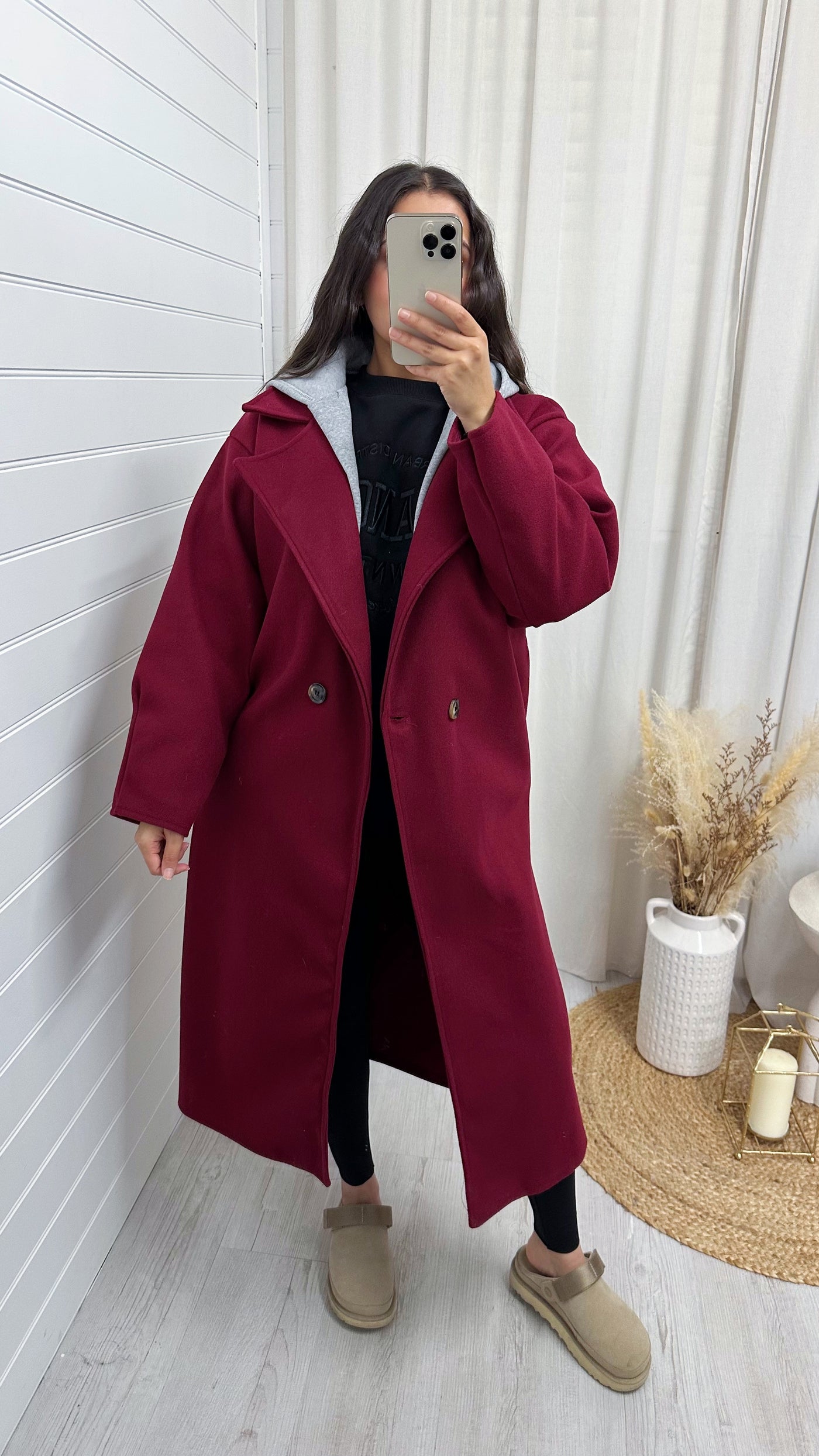 Oversized Woollen Hooded Mac - RUBY RED