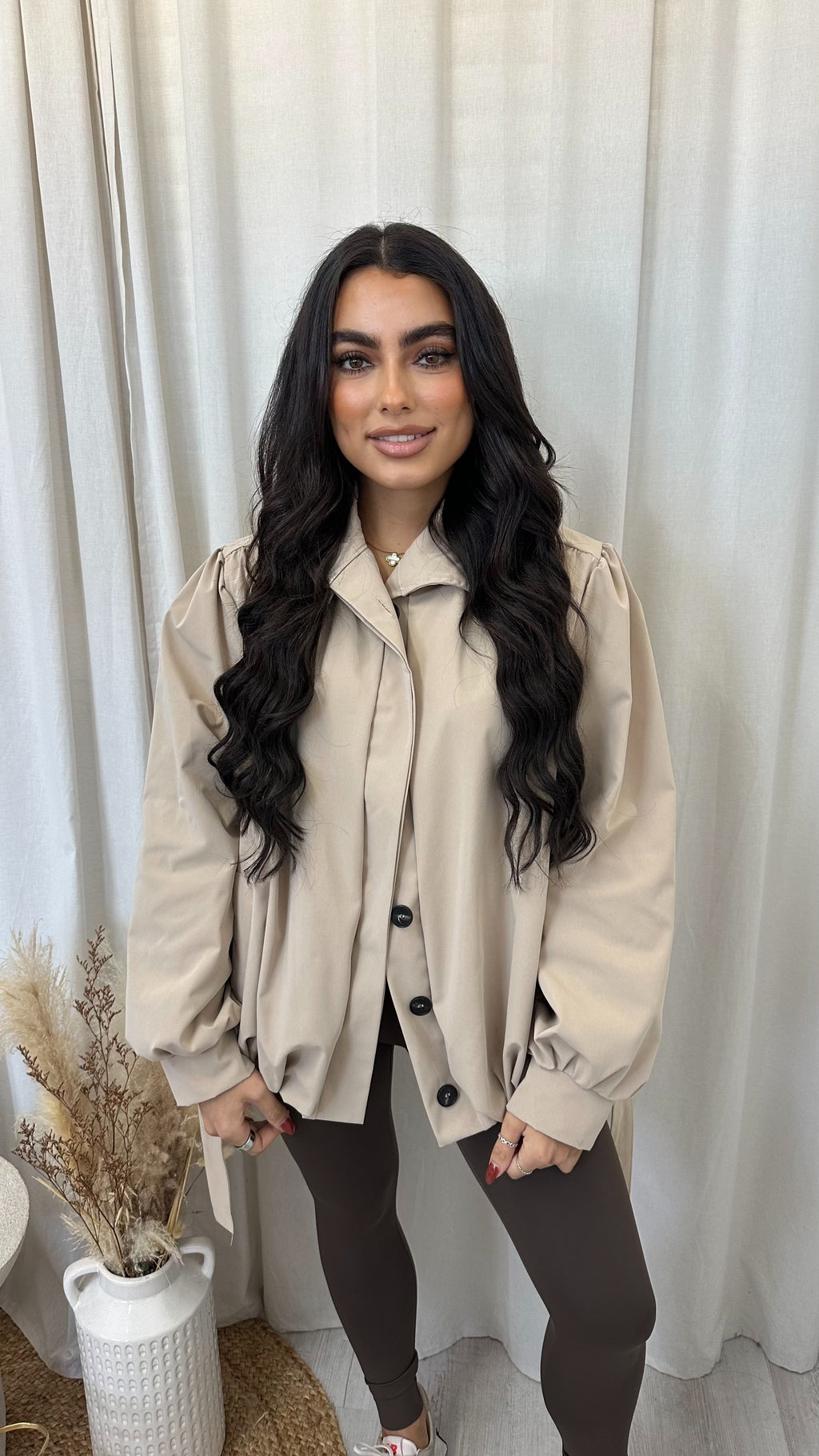 Puff Ball Tie-Waist Trench Jacket - BEIGE