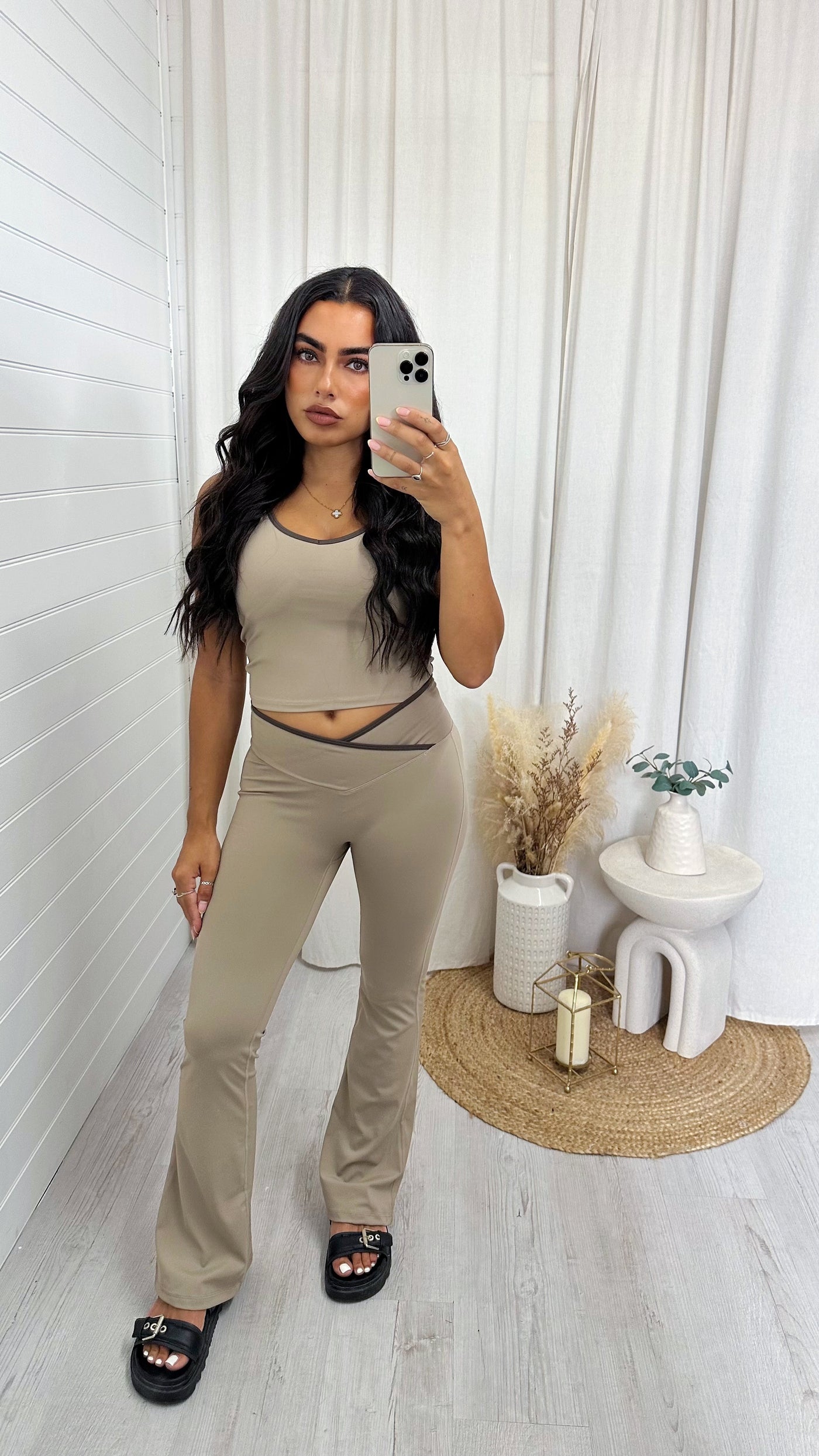 Wrap Over Flares and Padded Tank Top Co-Ord - MOCHA/BROWN