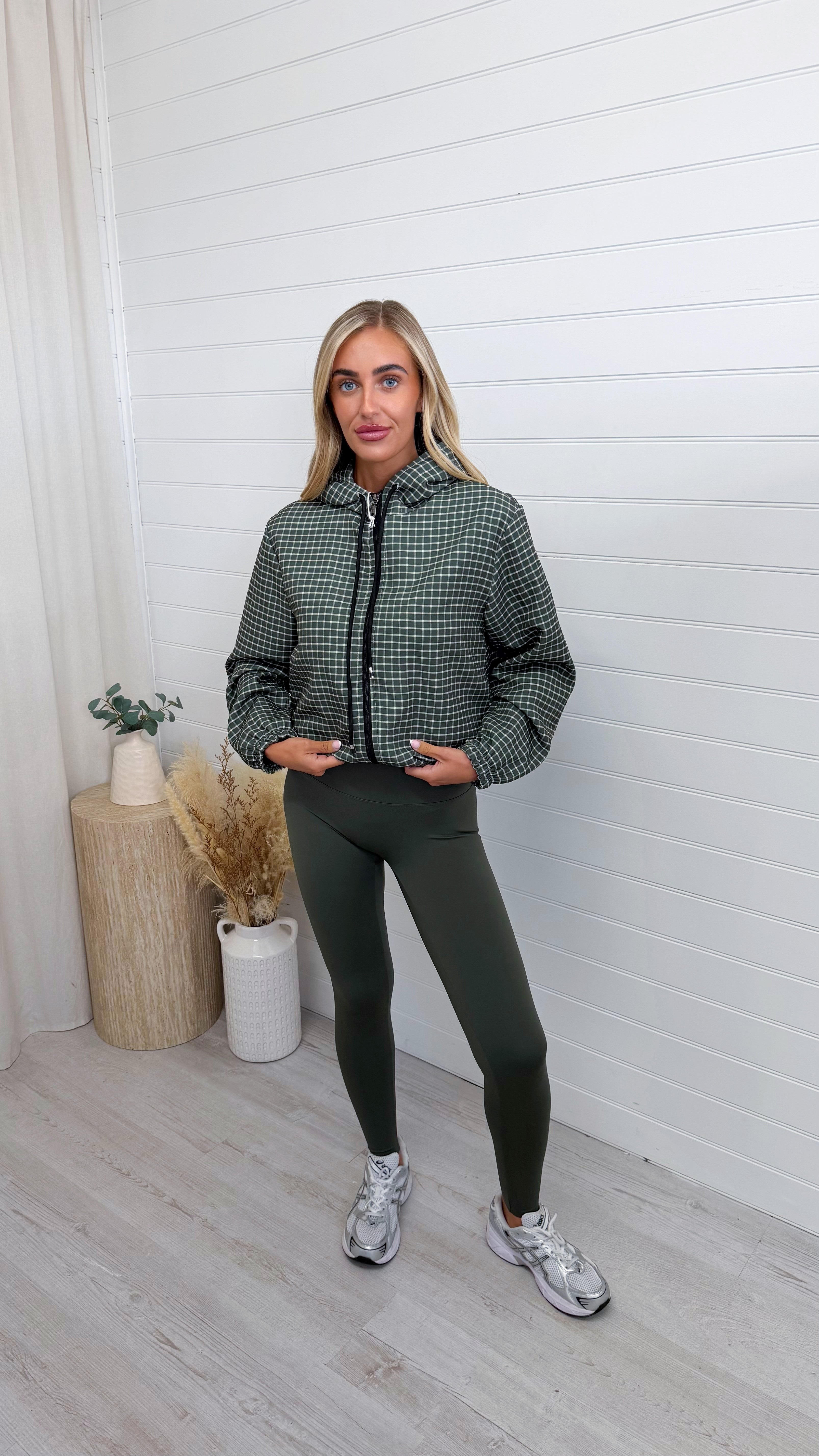 Hooded Check Bomber Jacket - KHAKI