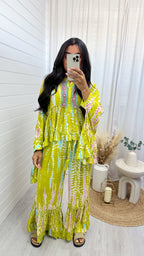 Tie Dye Pleated Sleeve Beaded Co-Ord - LIME