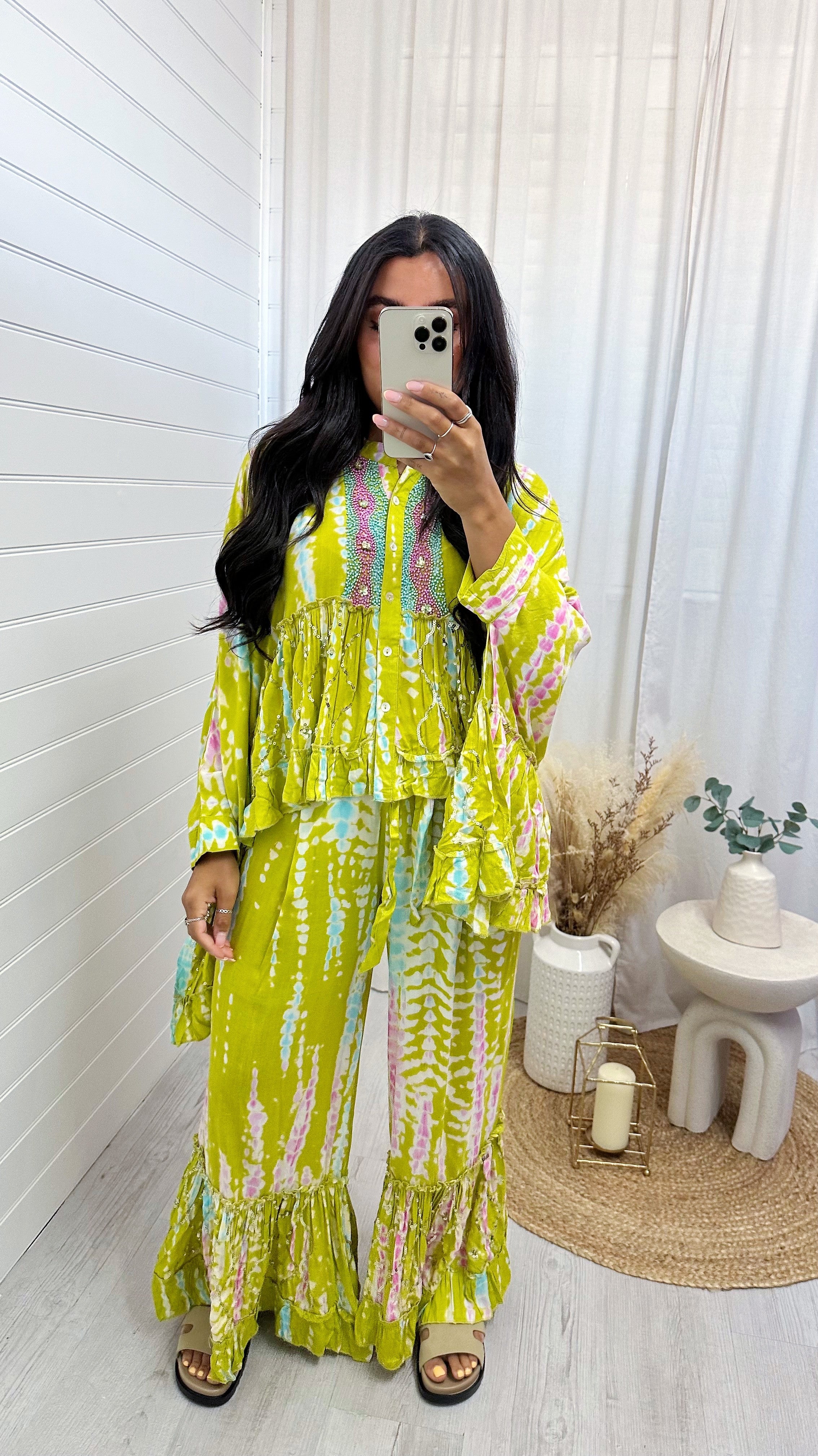 Tie Dye Pleated Sleeve Beaded Co-Ord - LIME