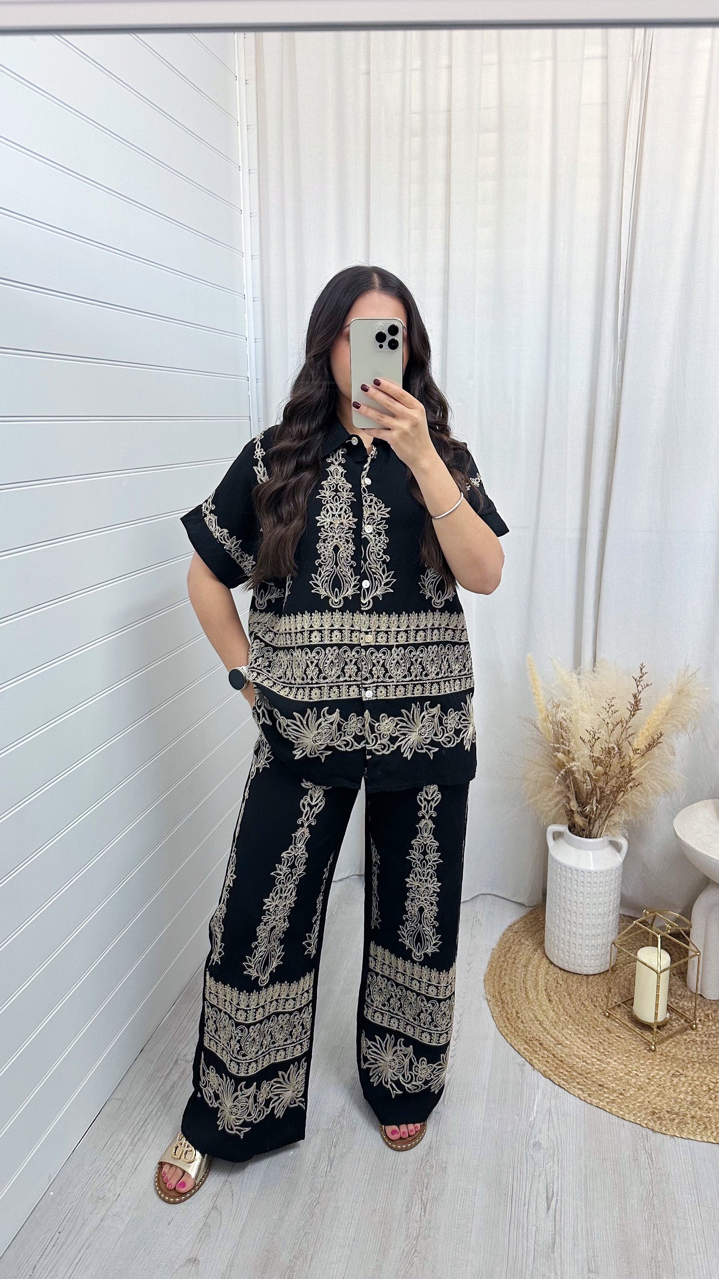 Gold Sparkle Embroidered Shirt and Trousers Co-Ord - BLACK