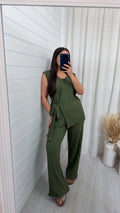 Wrap Over Sleeveless Top and Trousers Co-Ord - KHAKI