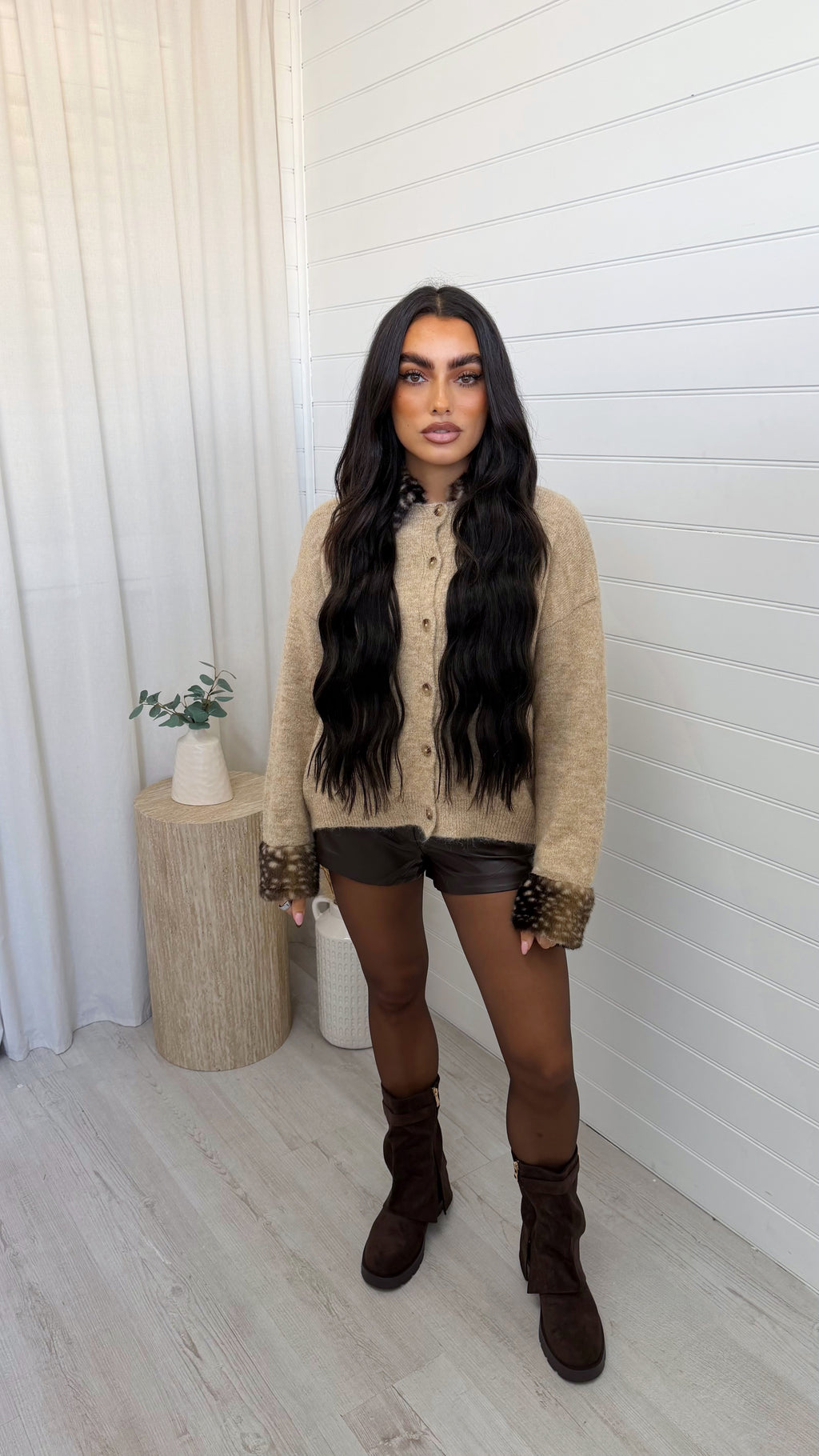 Deer Faux Fur Trim Cardigan - BEIGE