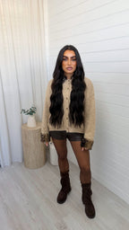 Deer Faux Fur Trim Cardigan - BEIGE