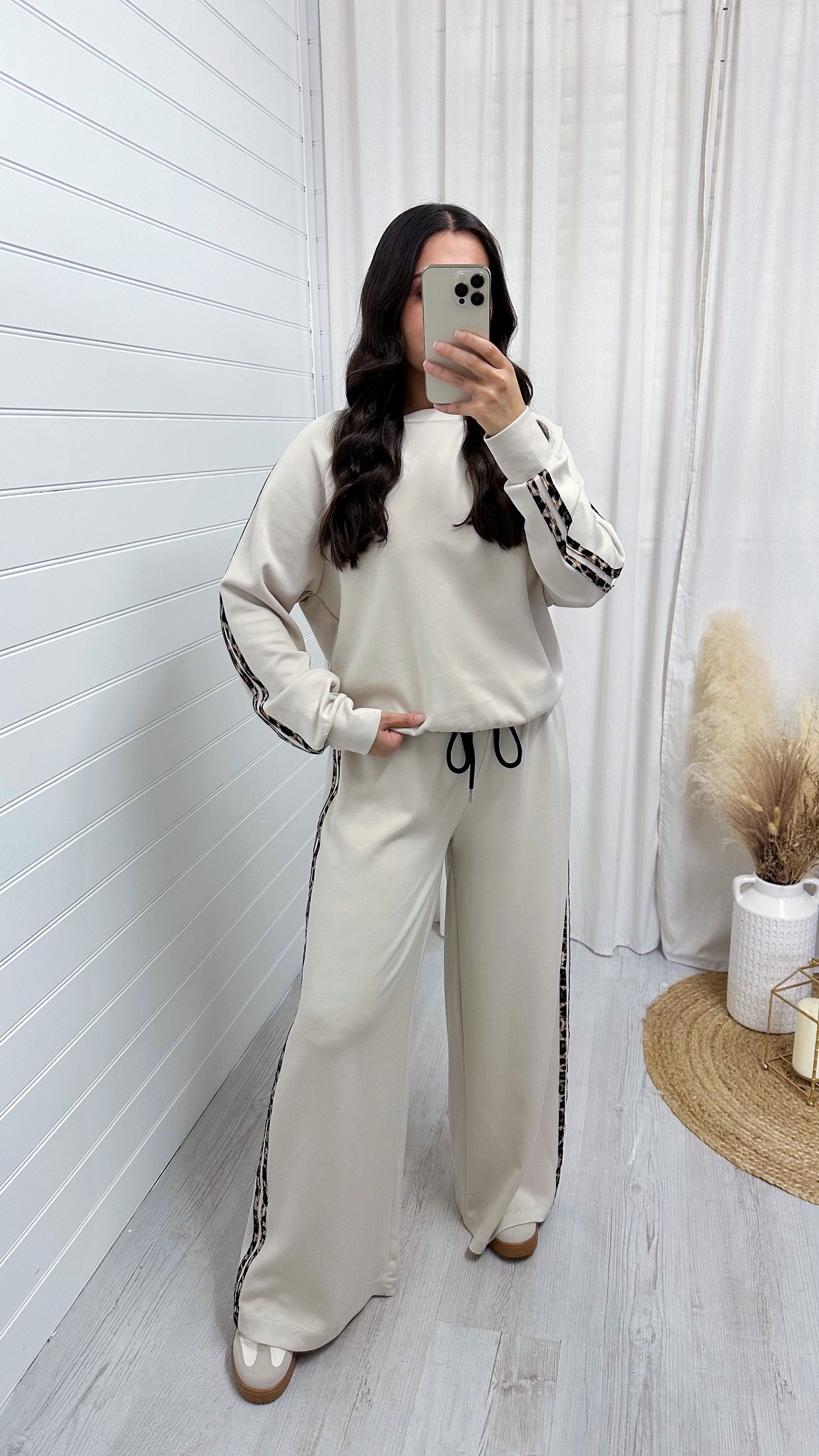 Leopard Trim Sweatshirt and Joggers Co-Ord - CREAM