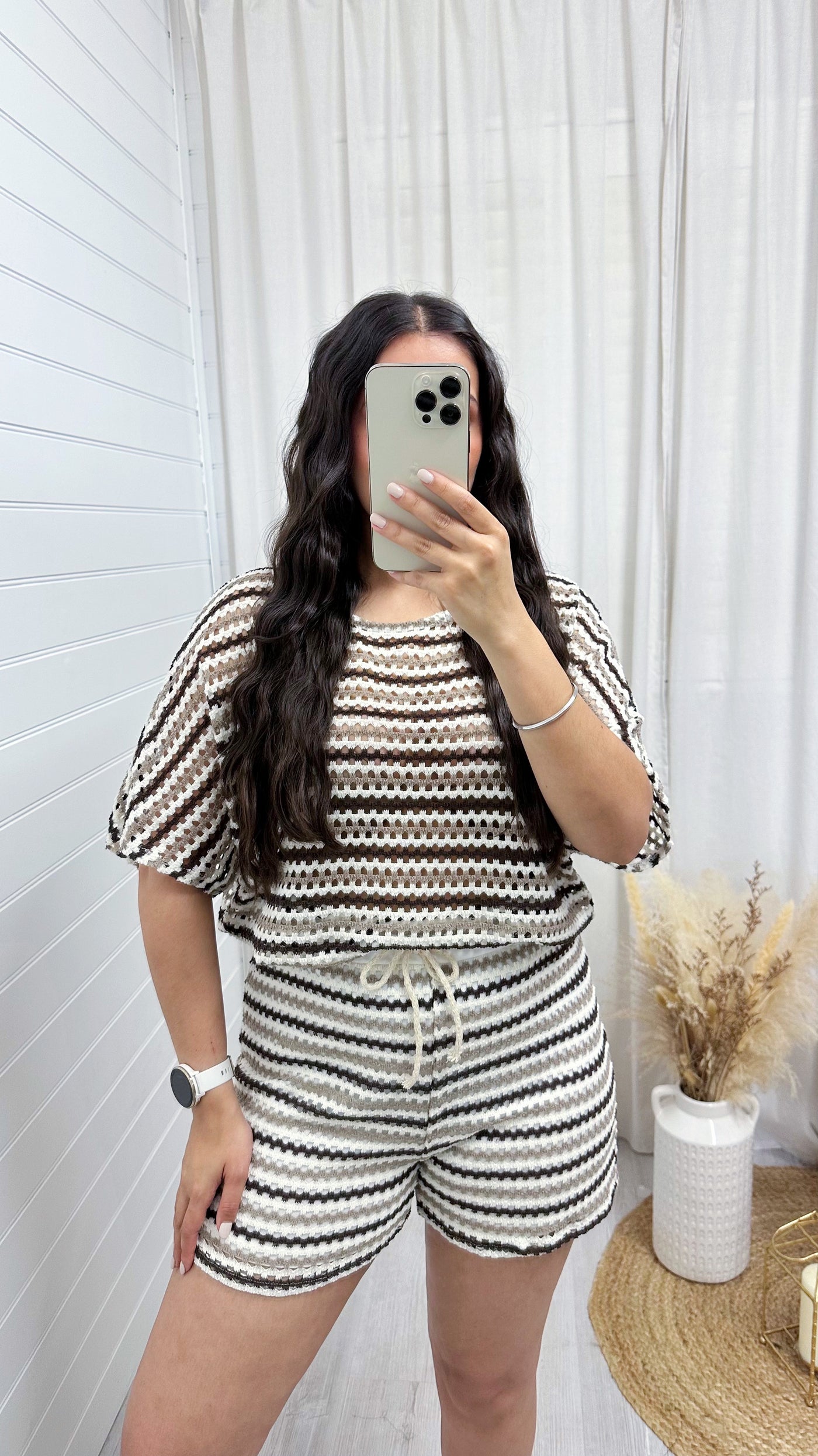 Stripey Mesh T-Shirt and Shorts Co-Ord - BEIGE/BROWN