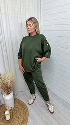 Button Shoulder Top and Barrel Fit Joggers Co-Ord - KHAKI