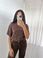 Button Front T-Shirt - BROWN