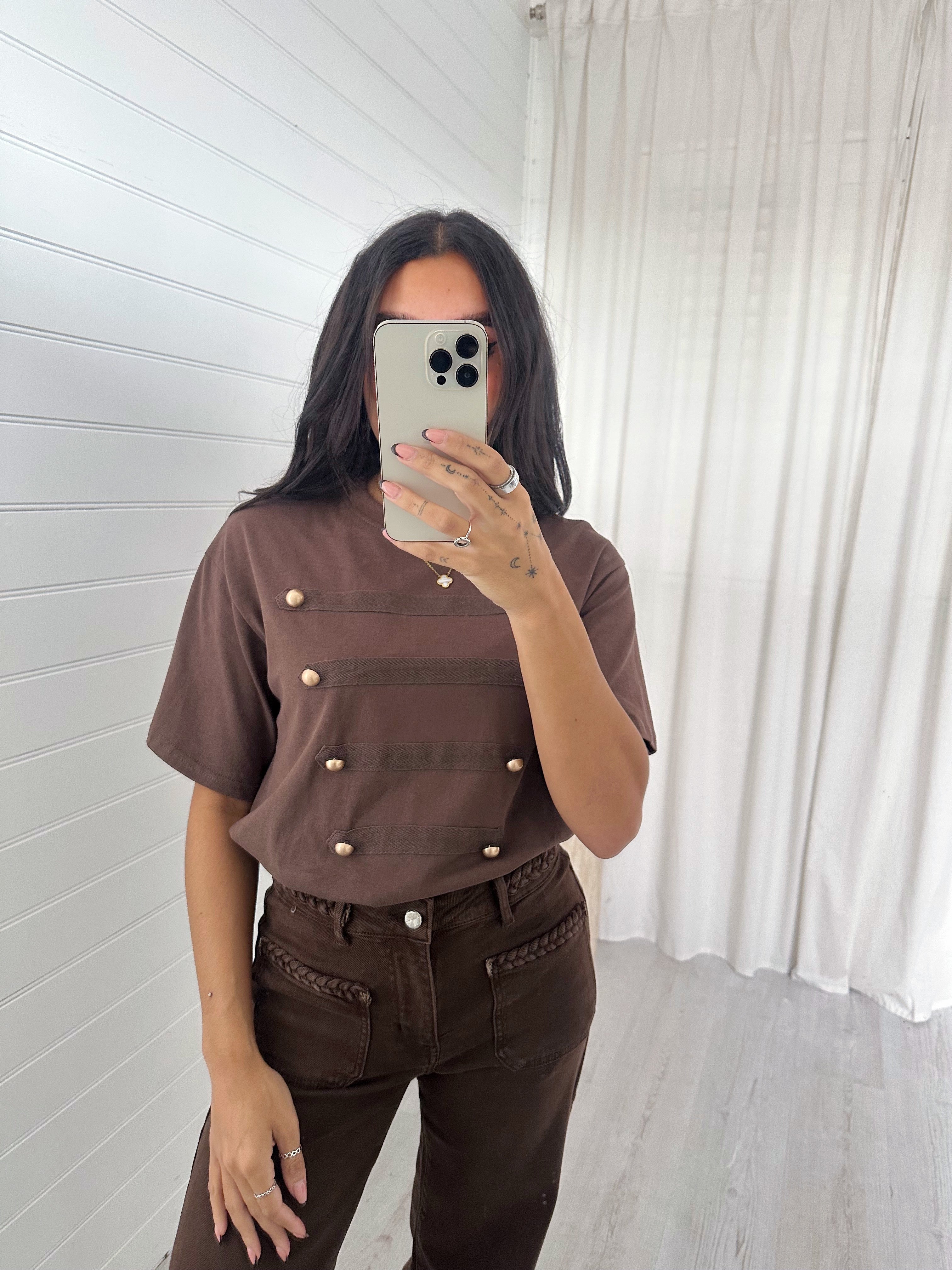 Button Front T-Shirt - BROWN