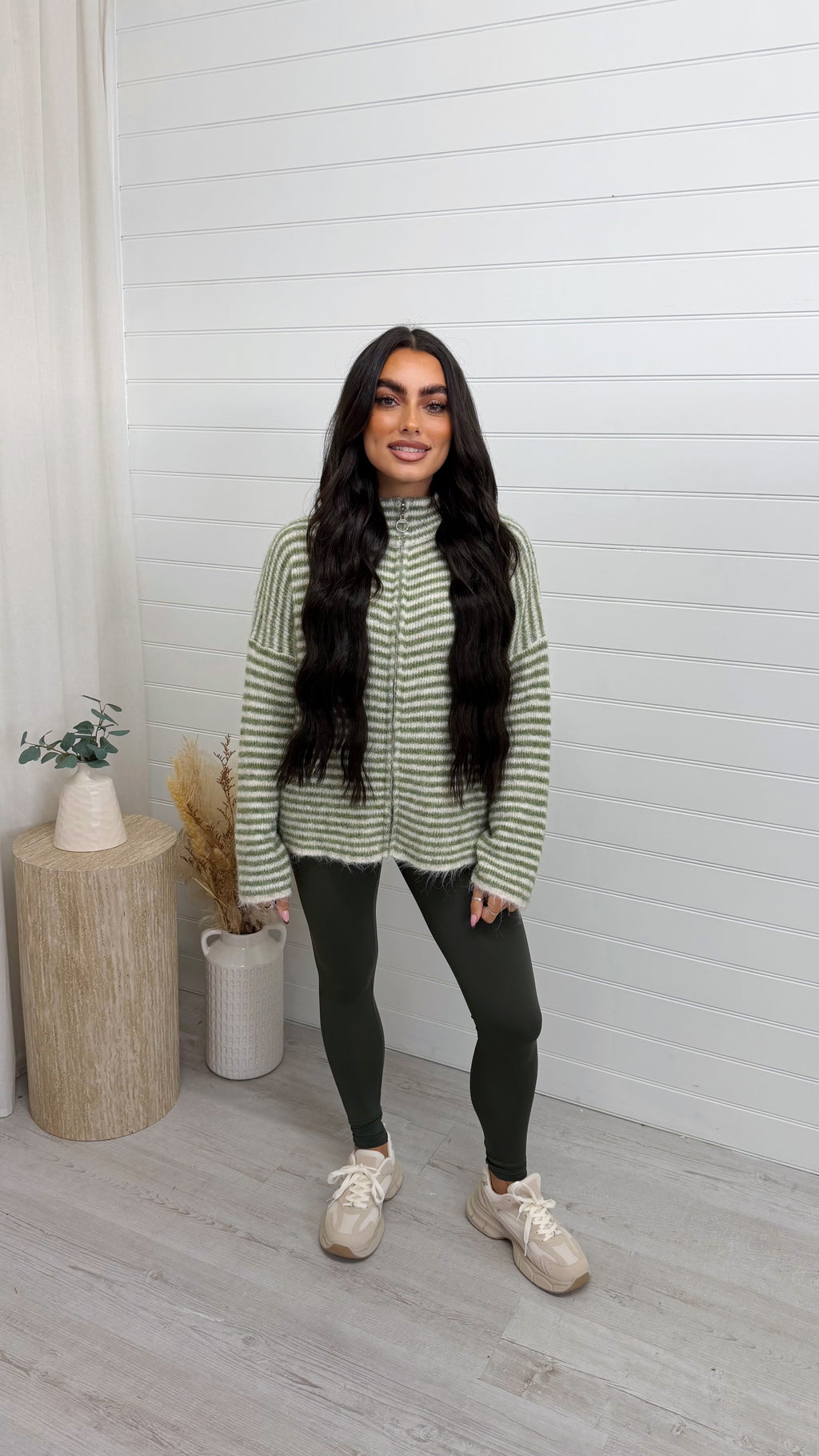 Stripe Zip Woollen Jacket  - KHAKI