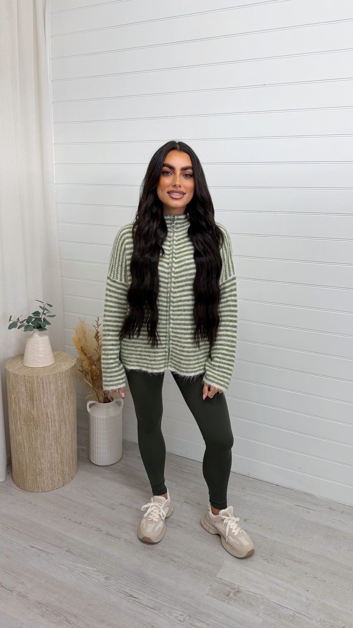 Stripe Zip Woollen Jacket  - KHAKI