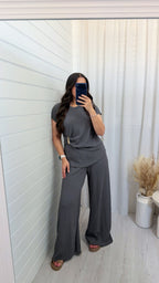 Gold Clasp Ruched Top and Wide Leg Trousers Co-Ord - CHARCOAL