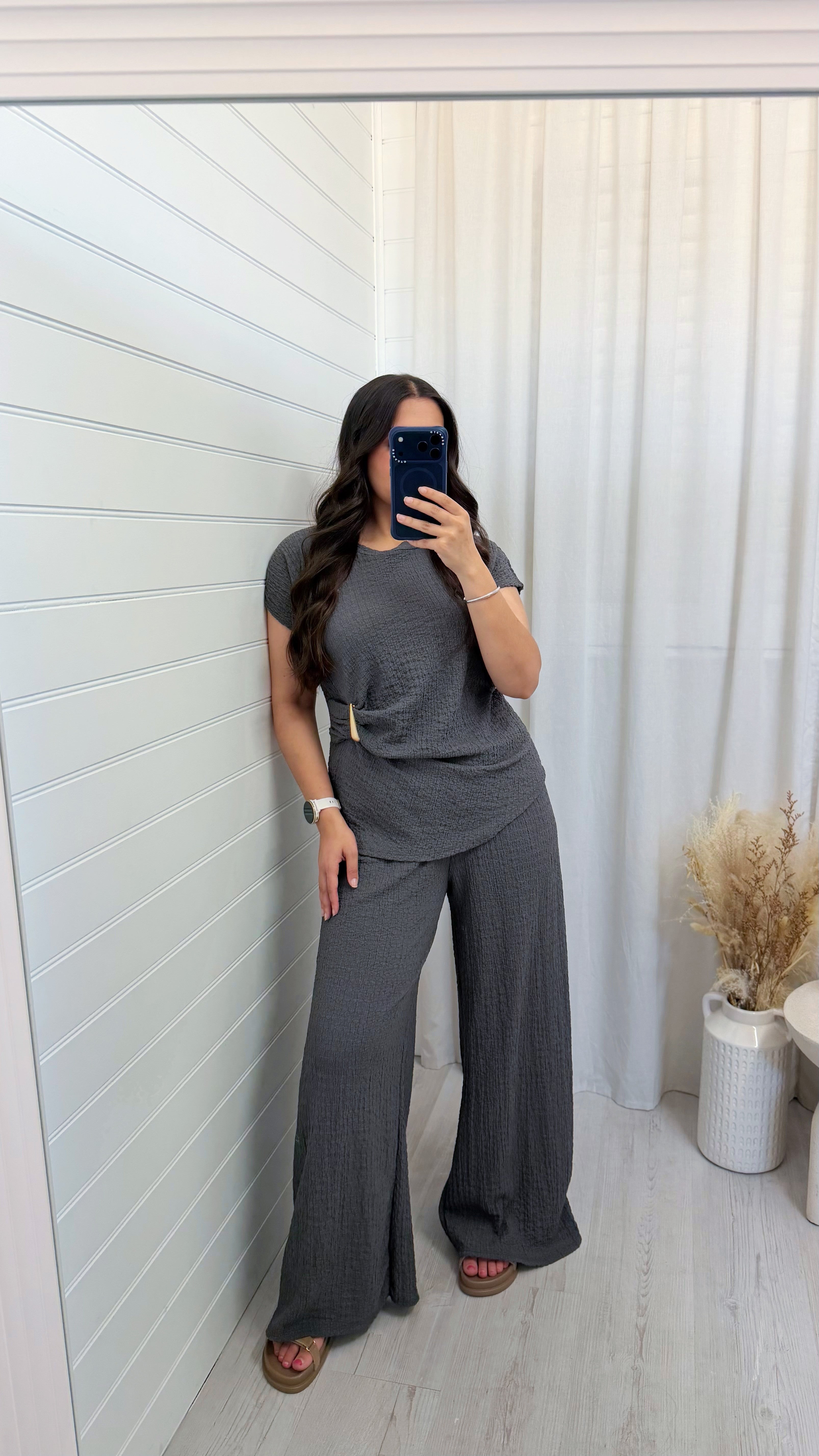 Gold Clasp Ruched Top and Wide Leg Trousers Co-Ord - CHARCOAL