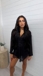 Sheer Corset Dip Hem Shirt - BLACK