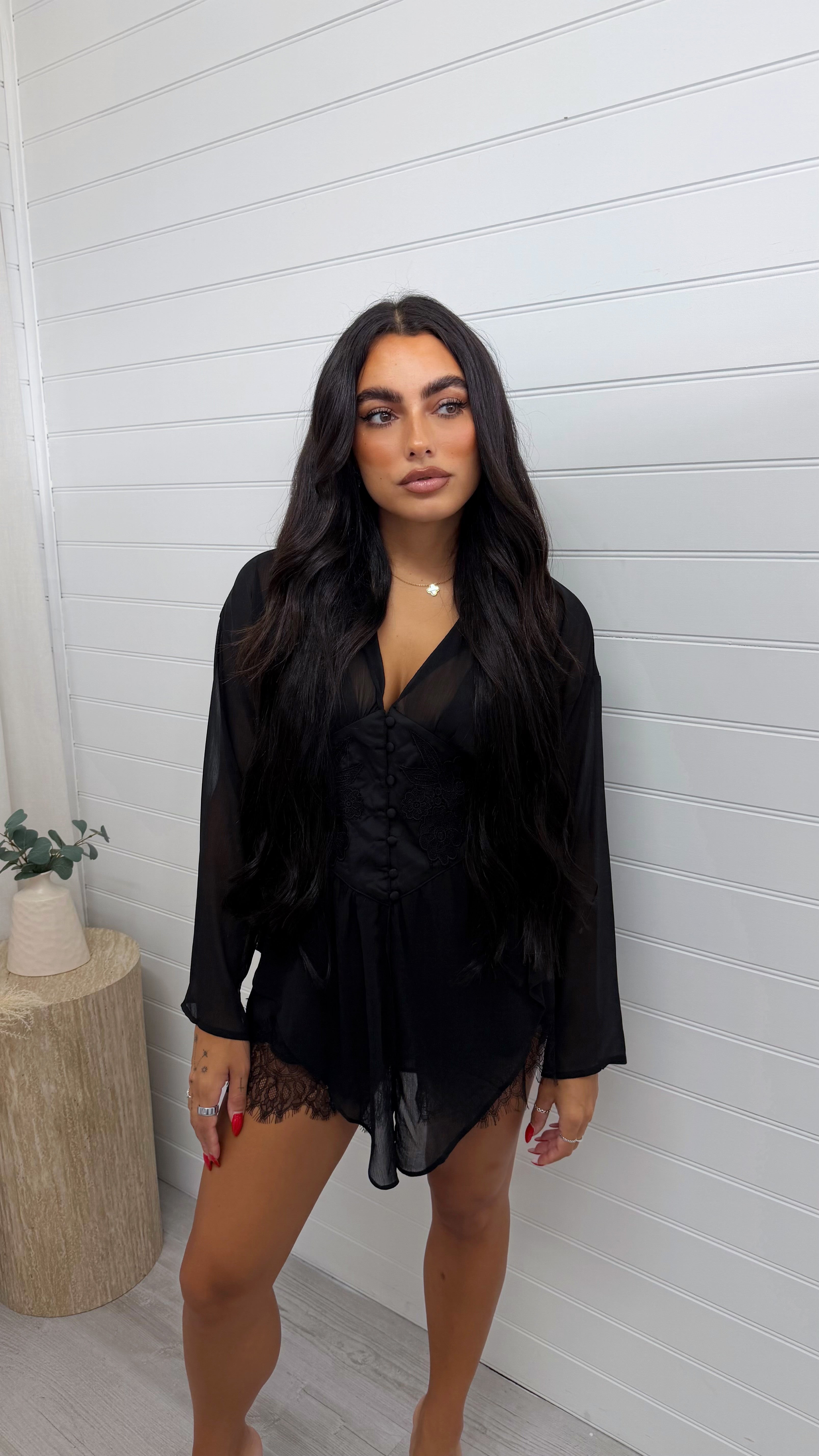 Sheer Corset Dip Hem Shirt - BLACK