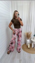 Stretchy Wide Leg Pink  Water Colour Print Trousers