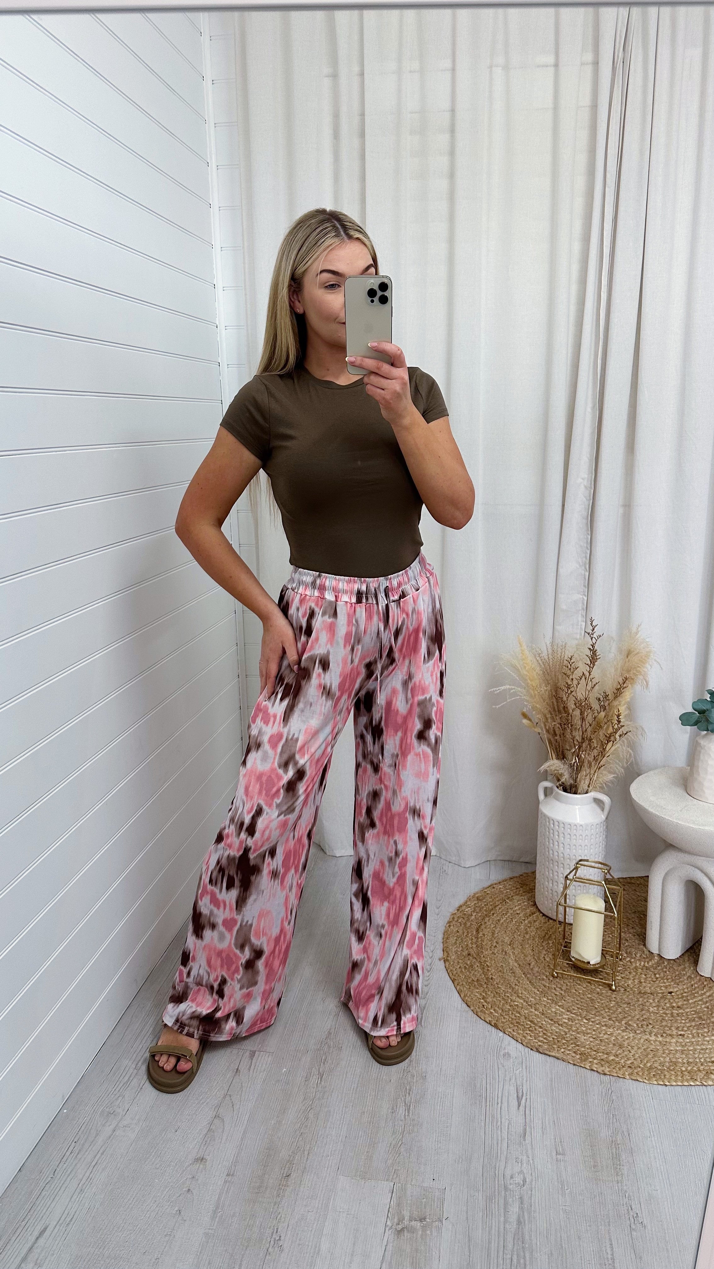 Stretchy Wide Leg Pink  Water Colour Print Trousers