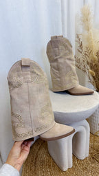 Fold Over Stud Cowboy Boots - BEIGE