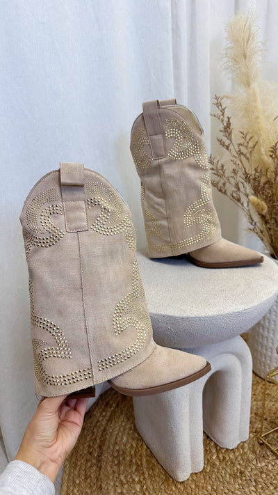 Fold Over Stud Cowboy Boots - BEIGE