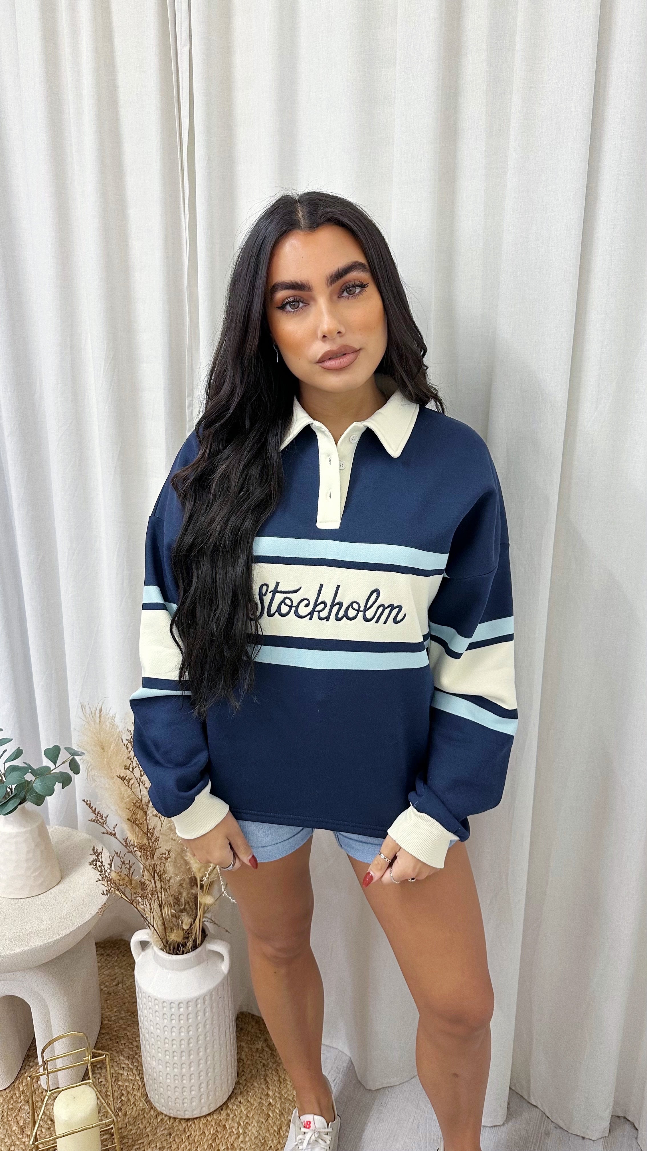 Stockholm Fleece Rugby Sweatshirt - NAVY/CREAM