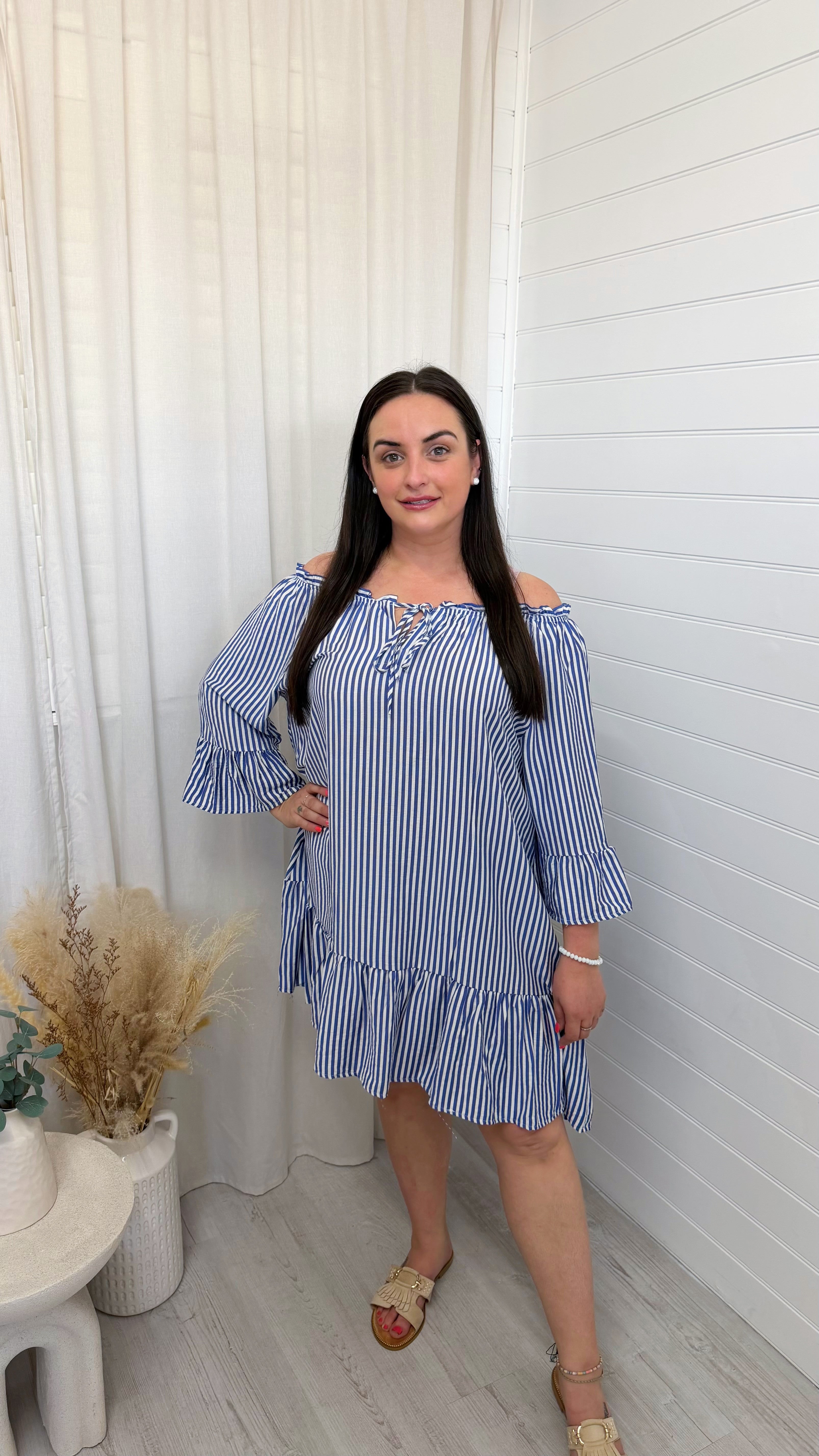 Bardot Pinstripe Summer Dress - DENIM BLUE