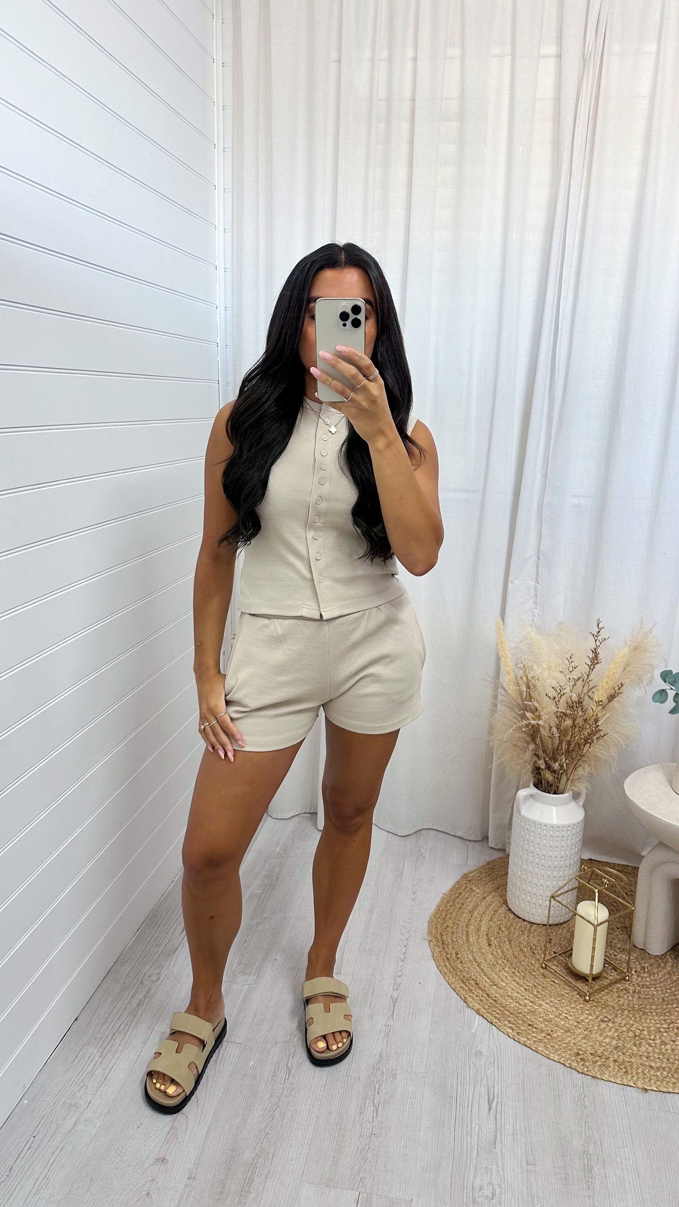 Ribbed Sleeveless Button Vest and Shorts Co-Ord - BEIGE