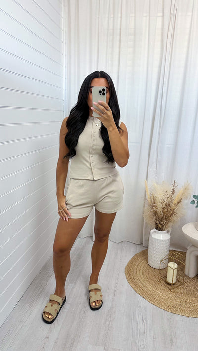 Ribbed Sleeveless Button Vest and Shorts Co-Ord - BEIGE