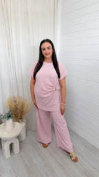 Gold Clasp Ruched Top and Wide Leg Trousers Co-Ord - BABY PINK