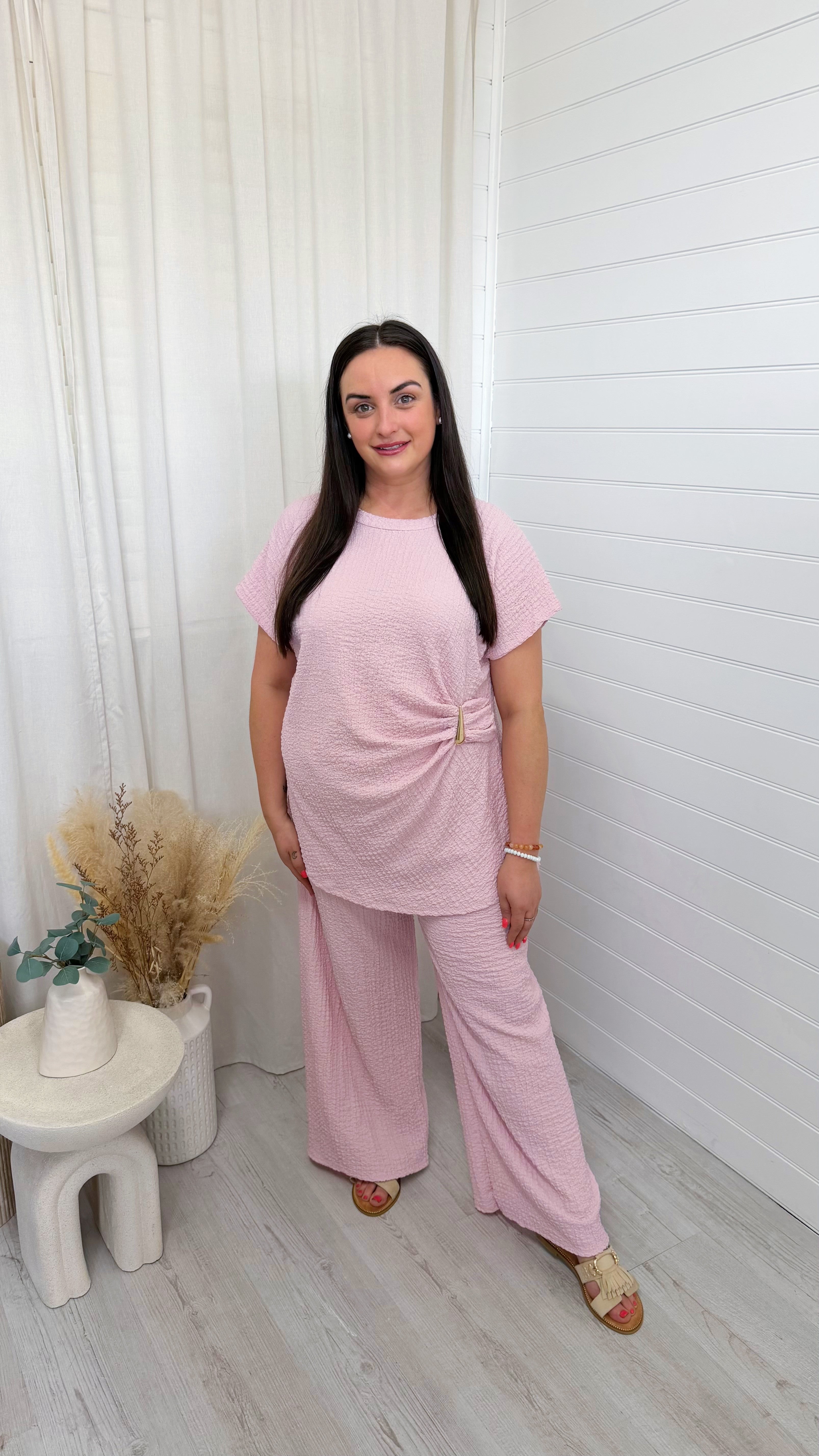 Gold Clasp Ruched Top and Wide Leg Trousers Co-Ord - BABY PINK