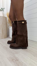 Knee High Gold Buckle Fold Over Boots - BROWN