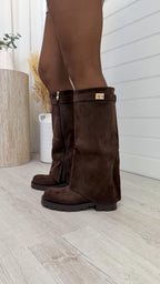 Knee High Gold Buckle Fold Over Boots - BROWN