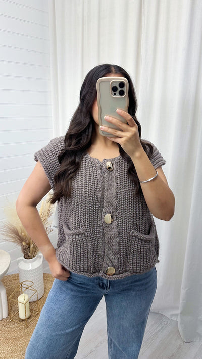 Gold Button Knitted Waistcoat - MOCHA