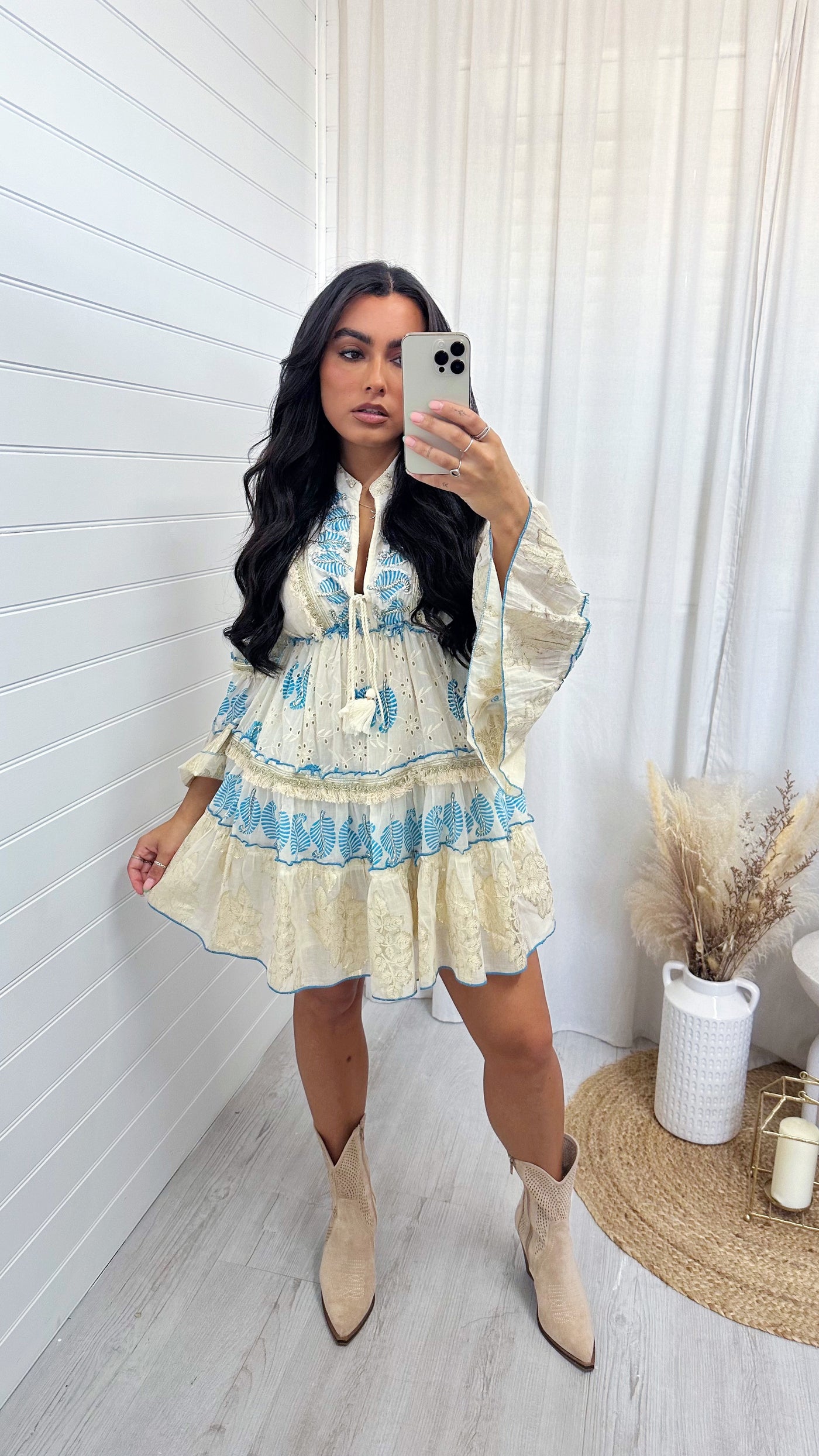Leaf Print Foil Boho Dress - CREAM/BLUE