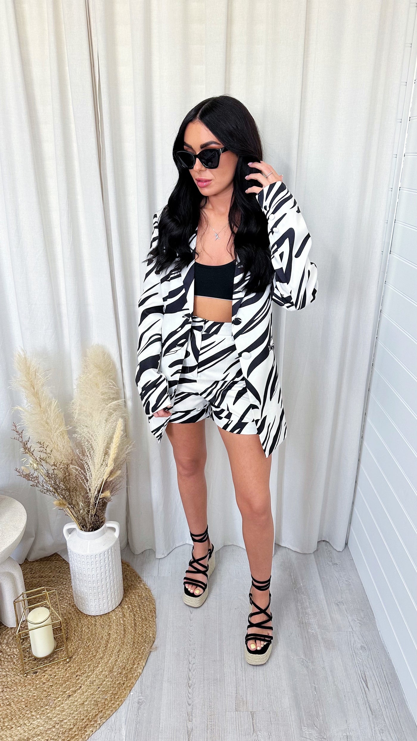 Zebra Print Tailored Blazer and Shorts Co-Ord - BLACK