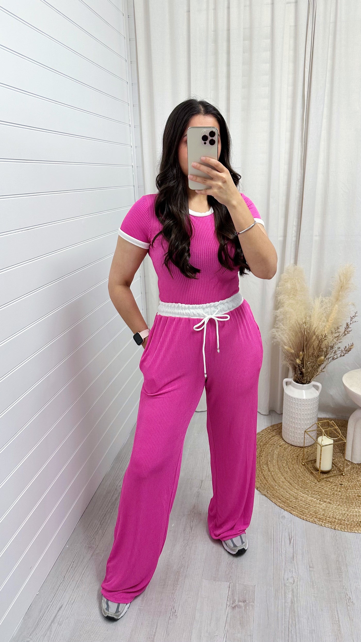 Ribbed Wide Leg Trousers and Crop Top Co-Ord - HOT PINK