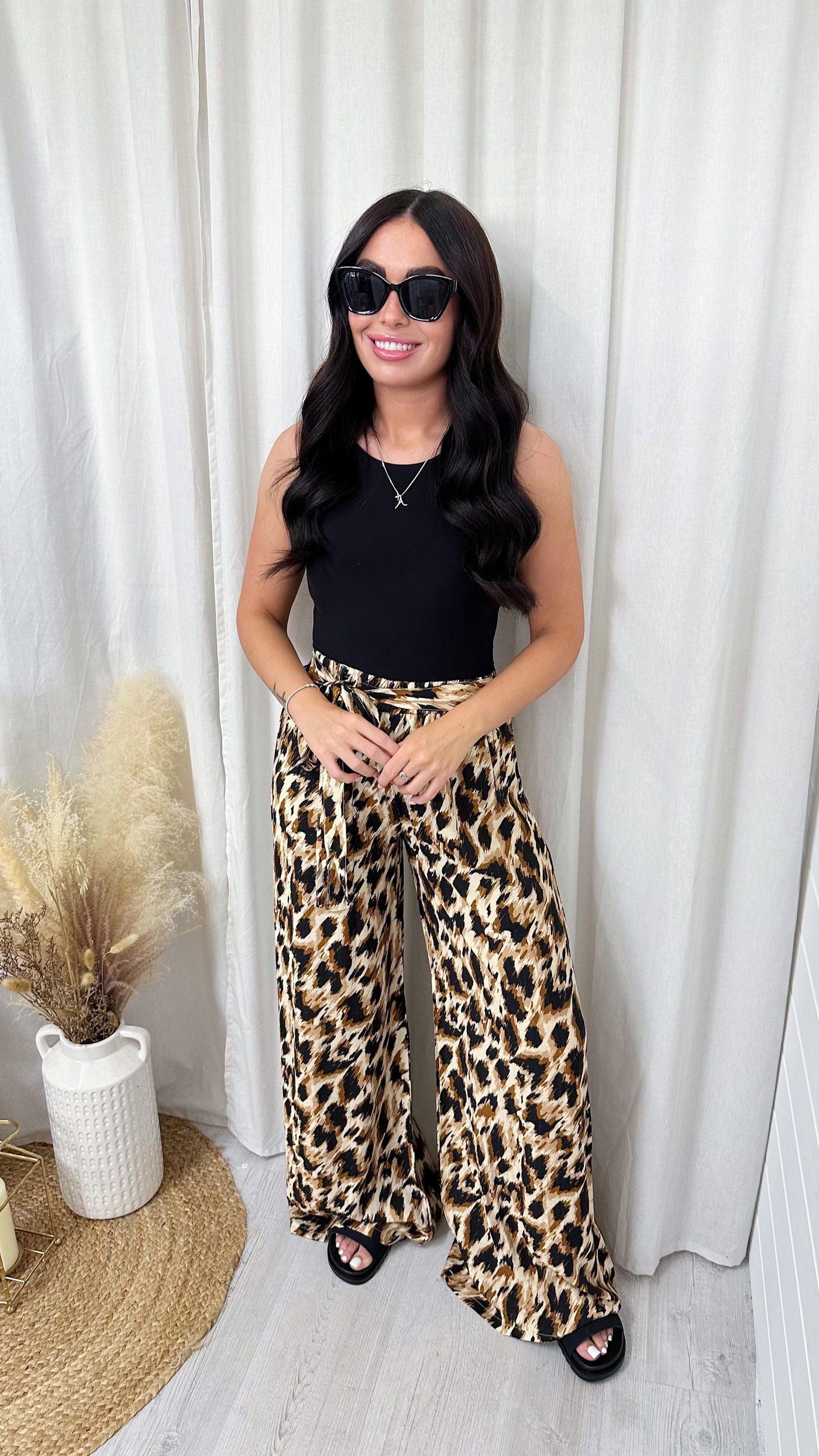 Belted Wide Leg Leopard Print Trousers - BEIGE