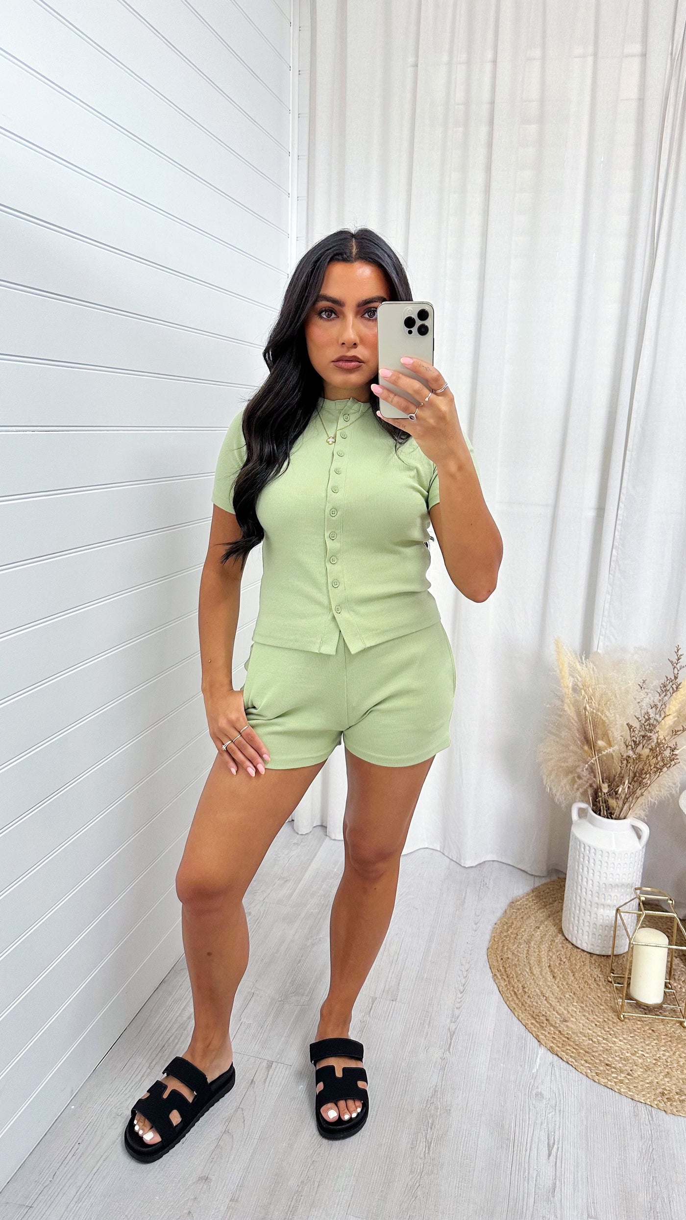 Ribbed Button Crop Top and Shorts Co-Ord - SAGE