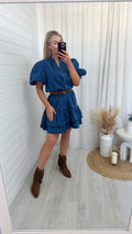 Puff Sleeve Frill Hem Denim Dress - DARK DENIM