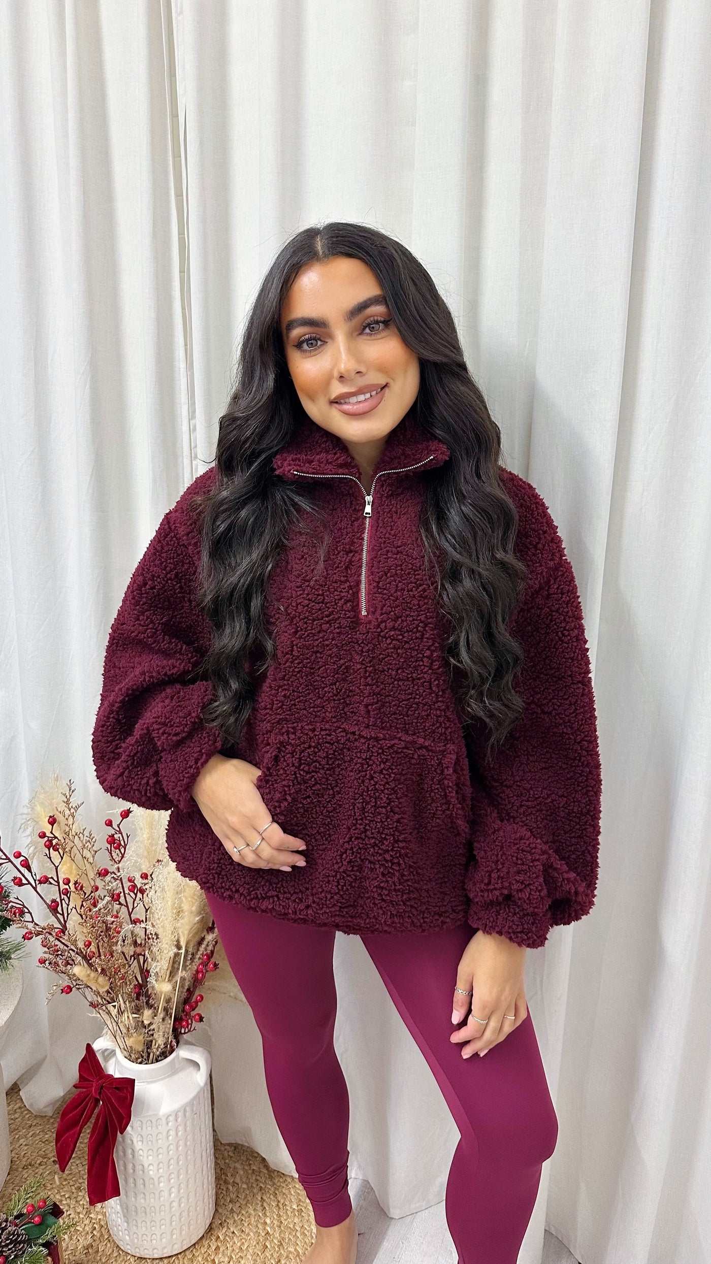 Teddy Fleece Quarter Zip Sweatshirt - WINE