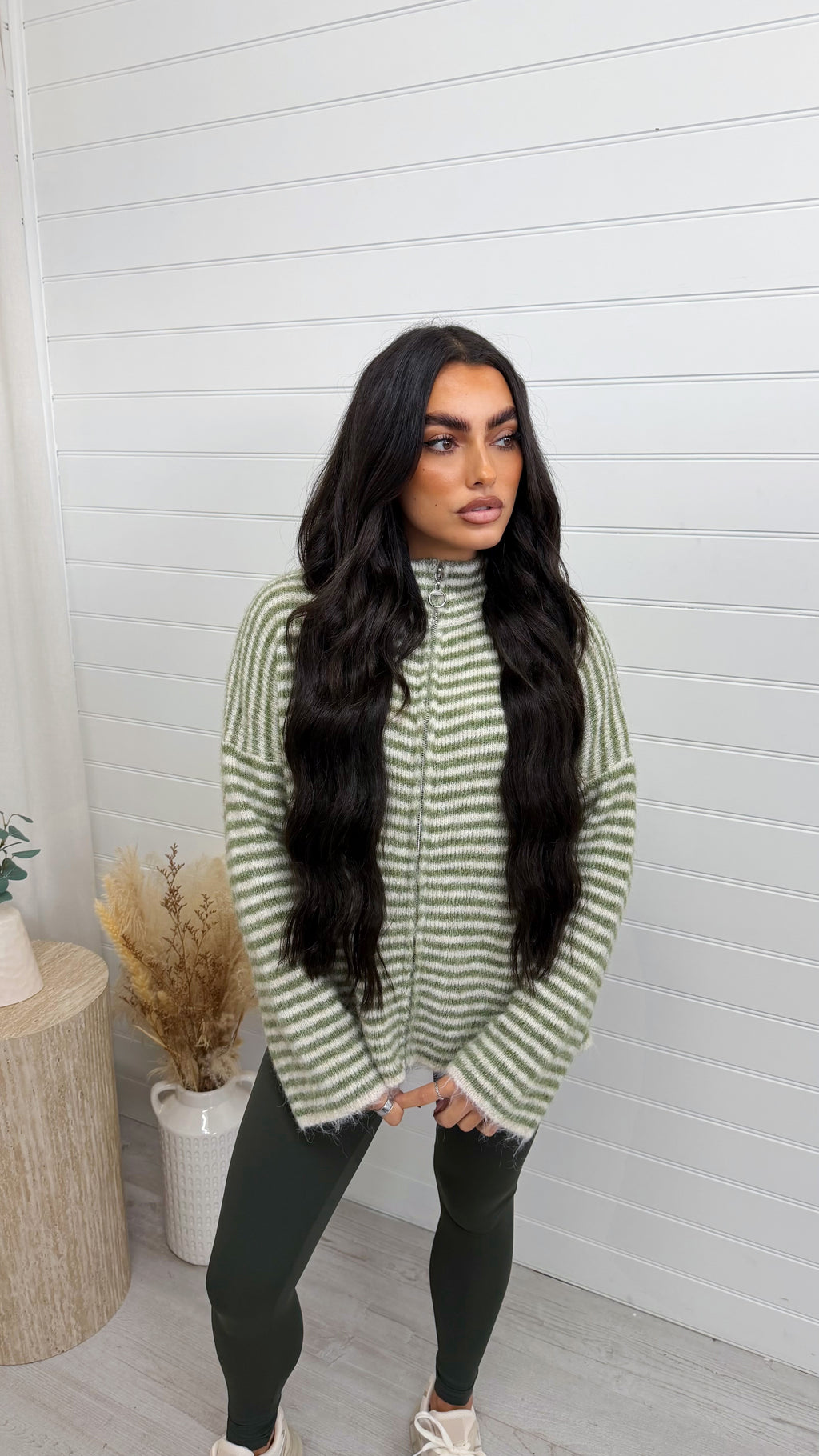 Stripe Zip Woollen Jacket  - KHAKI
