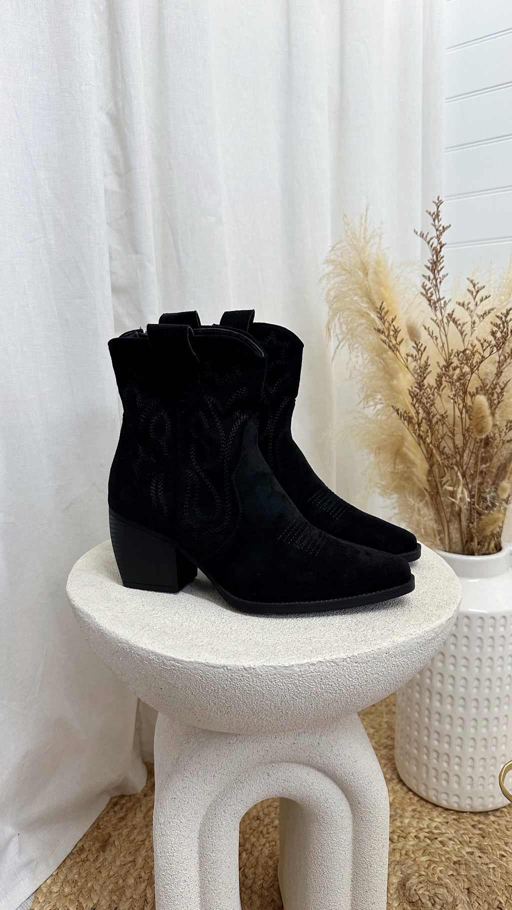 Embroidered Suede Ankle Length Cowboy Boots - BLACK