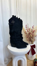 Fold Over Silver Buckle Knee High Cowboy Boots - BLACK