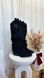 Fold Over Silver Buckle Knee High Cowboy Boots - BLACK
