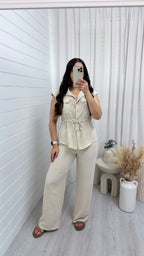 Sleeveless Cinch Shirt and Trousers Co-Ord - LIGHT BEIGE