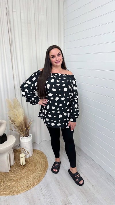 Satin Bardot Top - COW PRINT