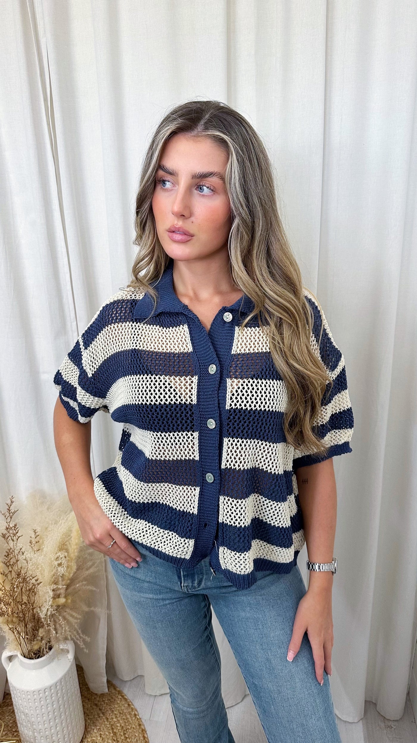 Stripey Knitted Crop Cardigan - NAVY