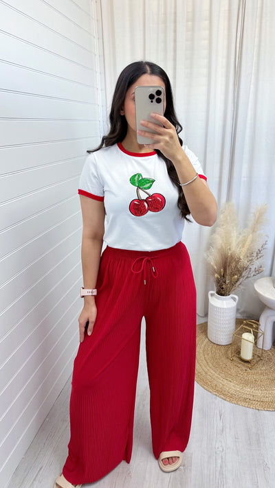 Red Trim Sequin Cherry T-Shirt - WHITE