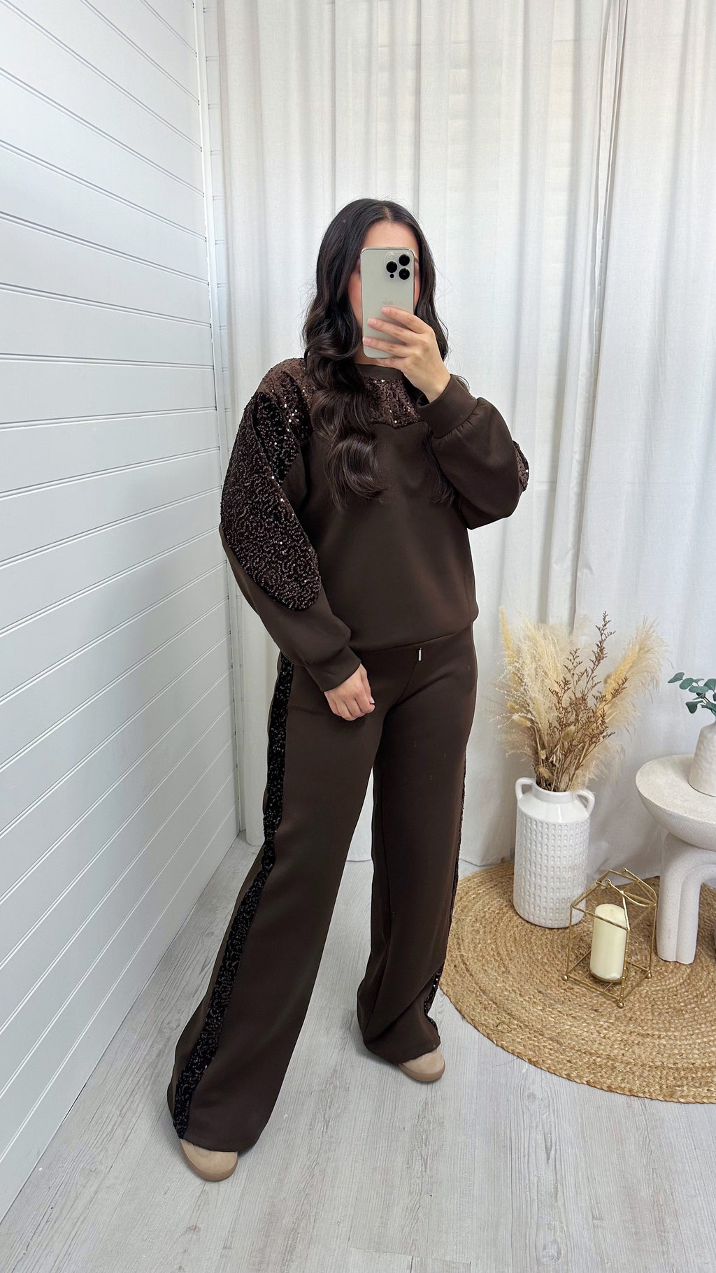 Sequin Sleeve Sweatshirt and Joggers Tracksuit - BROWN